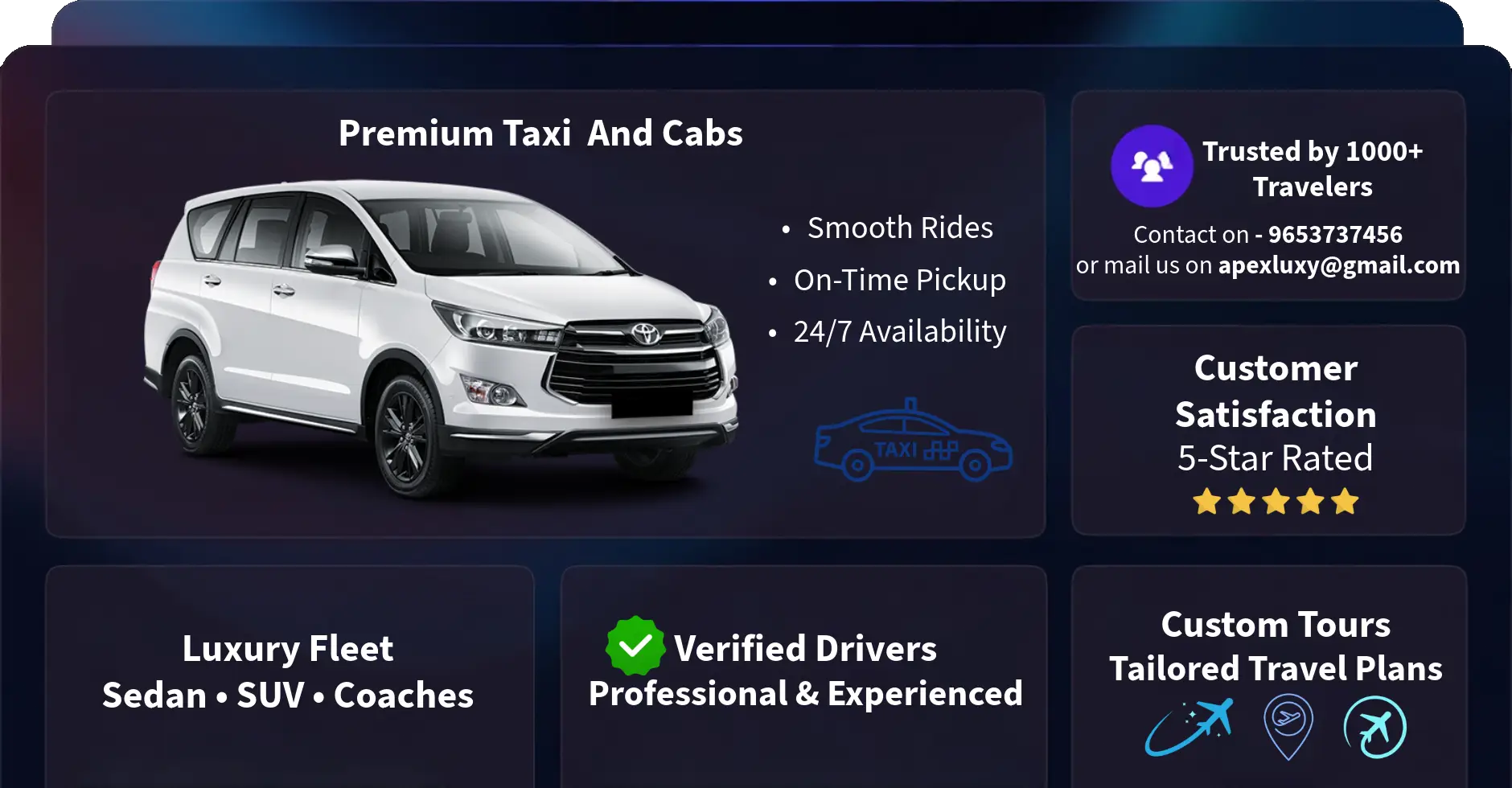 card showing taxi service and features of apexluxy